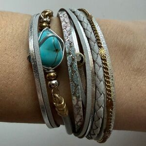Elegant Multi-Layered Magnetic Closure Bracelet with Turquoise Accent One Size